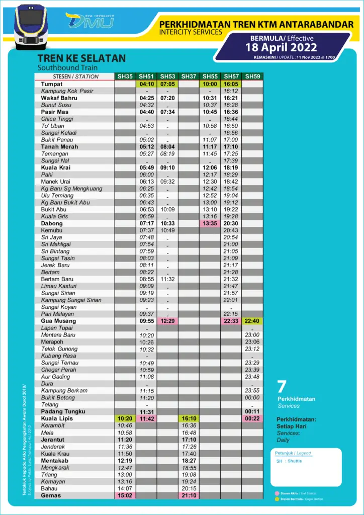 1. KTM Intercity Timetable Southbound Train