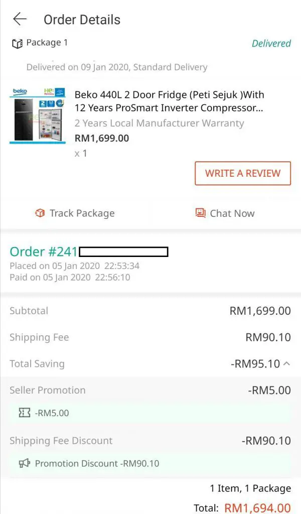 Purchase history of beko 440L refrigerator in Malaysia from Lazada