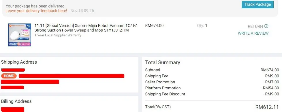 Resit pembelian imej Xiaomi Mijia 1C saya