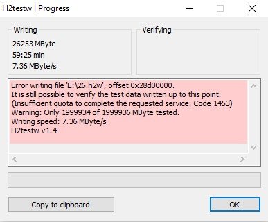 H2test showing errors while testing the fake Seagate external hard disk rom Shopee image