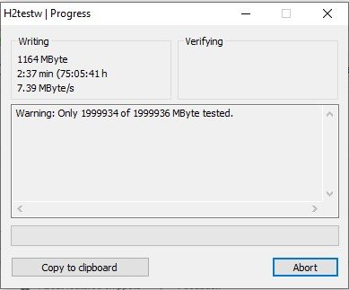 H2test showing slow writing speed while testing the fake Seagate external hard disk rom Shopee image