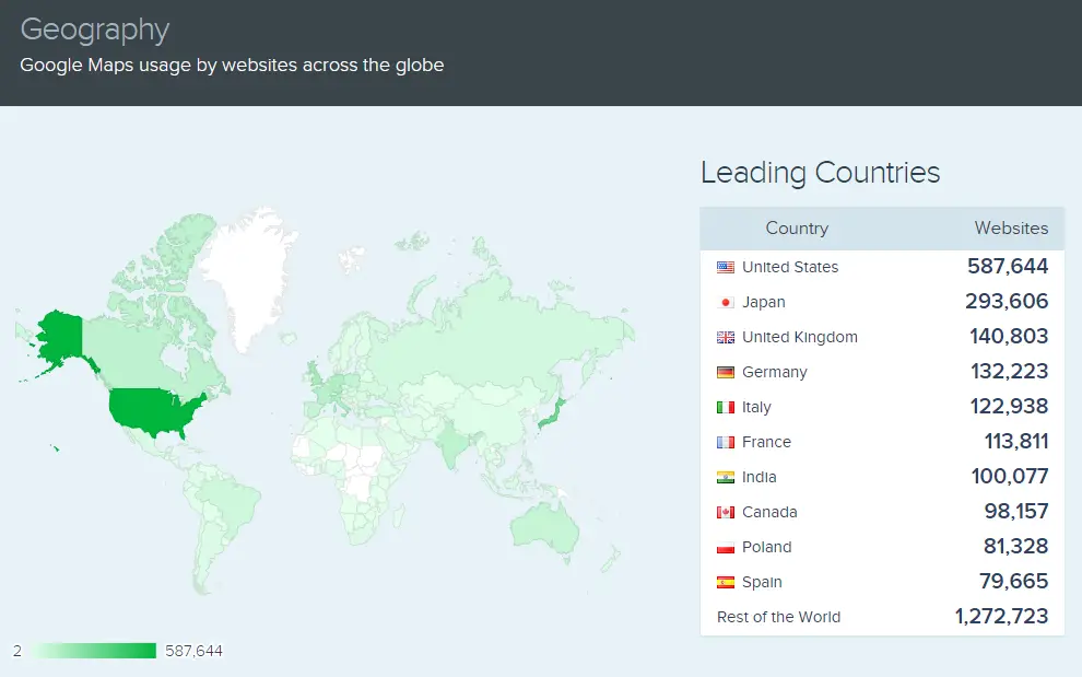 Google Maps usage by websites across the globe