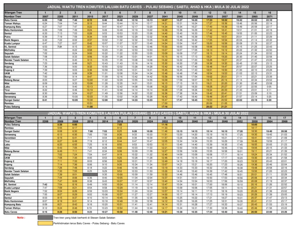 Jadual Waktu KTM Komuter Batu Caves Pulau Sebang Hujung Minggu Cuti Umum