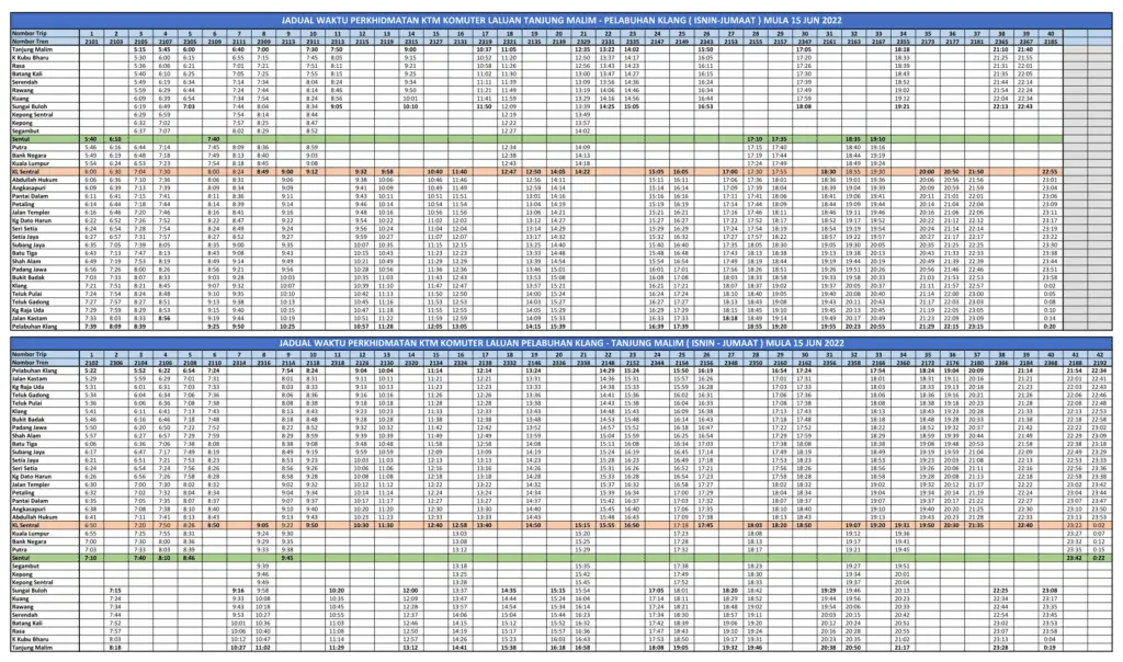 Jadual Waktu KTM Komuter Tanjung Malim Pelabuhan Klang Hari Minggu 2