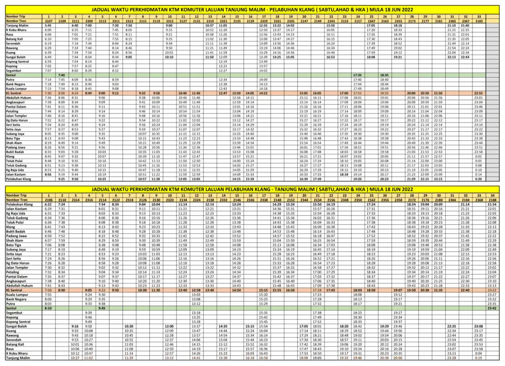 Jadual Waktu KTM Komuter Tanjung Malim Pelabuhan Klang Hujung Minggu Cuti Umum 1